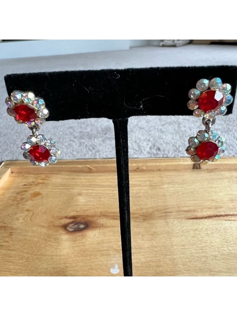 Vintage red and silver stud rhinestone earrings